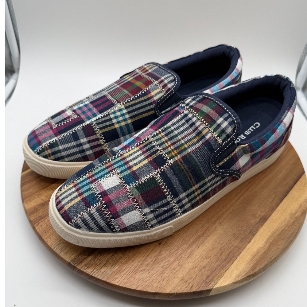 Club Room Men's Size 10 1/2 Patchwork Plaid Slip On Sneakers Canvas   0516